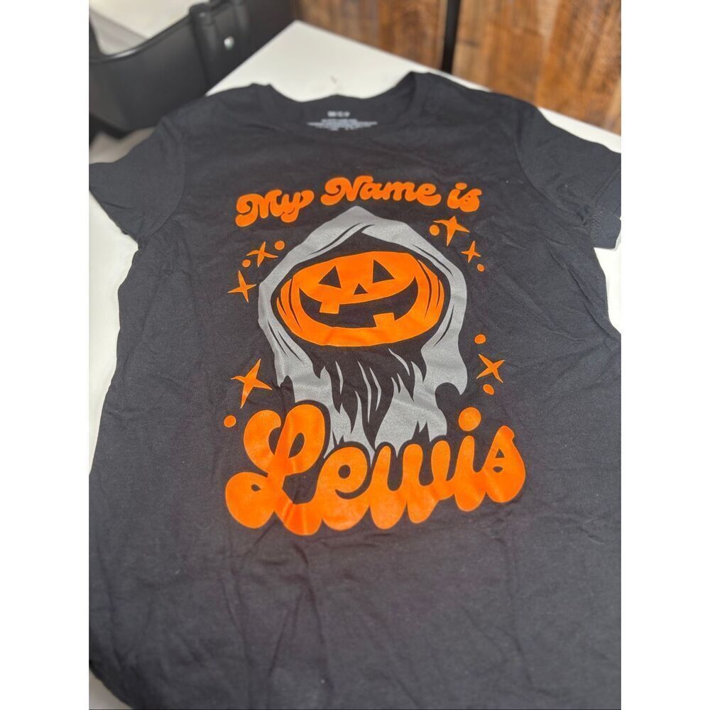 Halloween T Shirt My Name Is Lewis Pumpkin Graphic Ladies Small Black